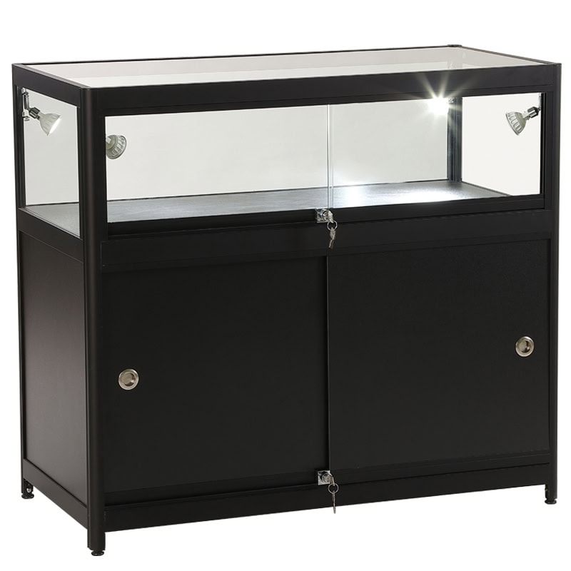 Black Aluminium & Glass Display Storage Counter Empty - Uni-Shop Black Aluminium & Glass Display Storage Counter Empty
