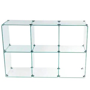 Display made up of six interconnected glass cubes.
