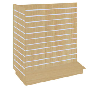 T-Shaped Slatwall Gondola Display in an Irish Maple finish with Aluminium Inserts