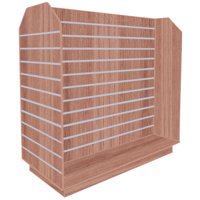 Slatwall Tombstone H-Shaped Gondola in Eternity Oak with Aluminium Inserts - Uni-Shop Slatwall Tombstone H-Shaped Gondola in Eternity Oak with Aluminium Inserts